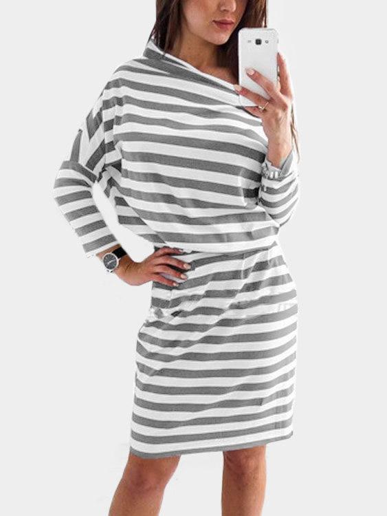 Grey Off The Shoulder Long Sleeve Stripe Mini Dress