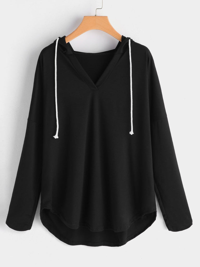 V-Neck Plain Hooded Long Sleeve Black Plus Size Tops