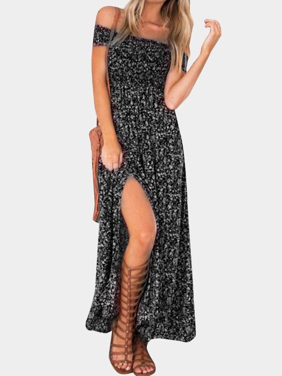 Off The Shoulder Short Sleeve Floral Print Slit Hem Maxi Dresses