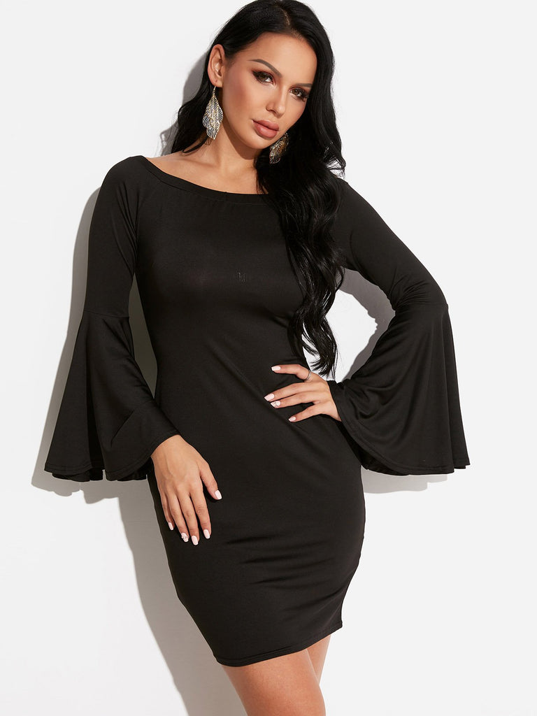 Black Off The Shoulder Long Sleeve Bodycon Hem Dresses