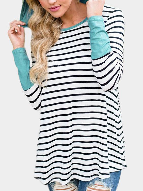 Round Neck Stripe Hooded Long Sleeve Green T-Shirts
