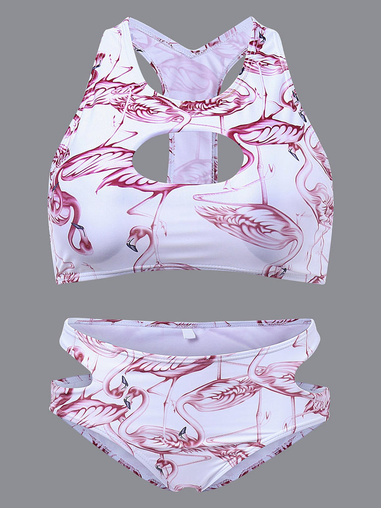 Round Neck Sleeveless Floral Print Cut Out Two Piece Bikinis