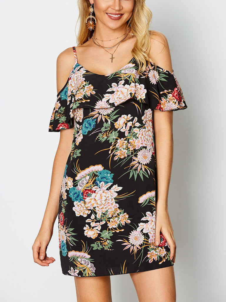 Black Cold Shoulder Sleeveless Floral Print Spaghetti Strap Dresses