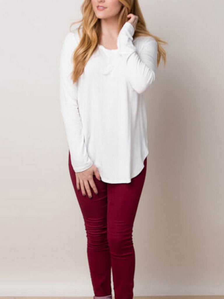 Round Neck Long Sleeve Curved Hem Top