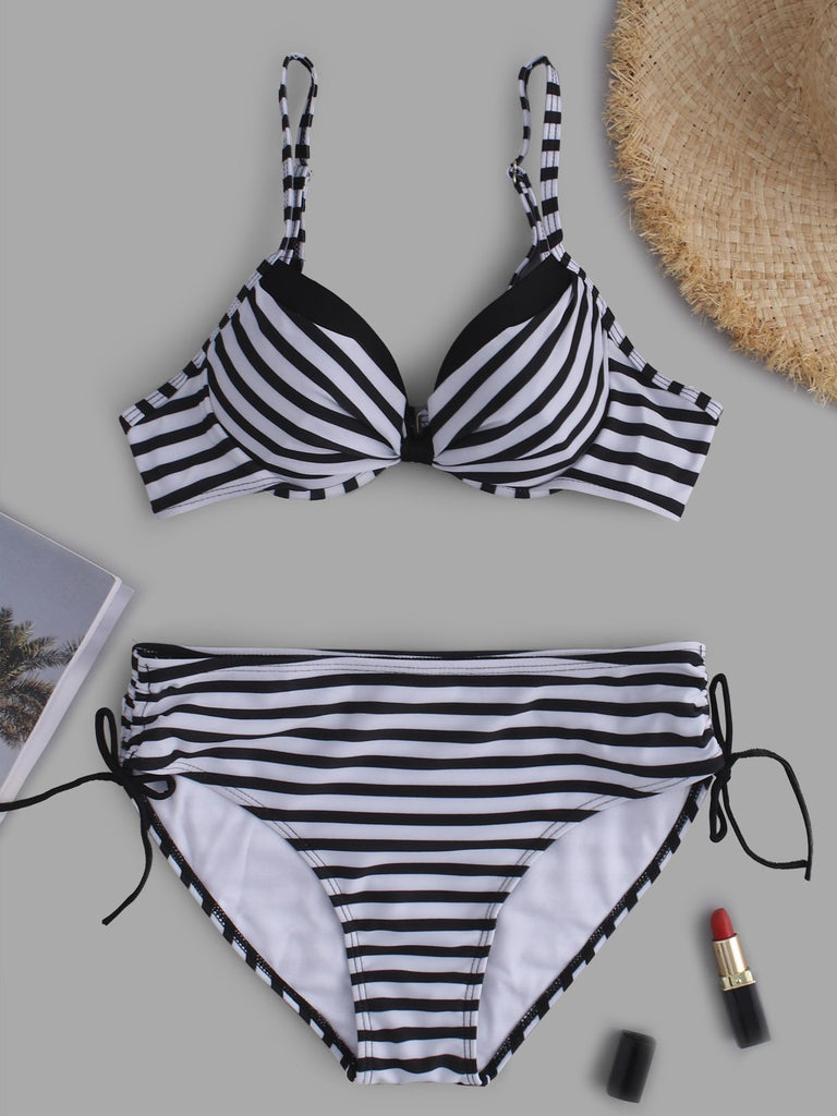 Black Strapless Sleeveless Stripe Backless Self-Tie Bikinis