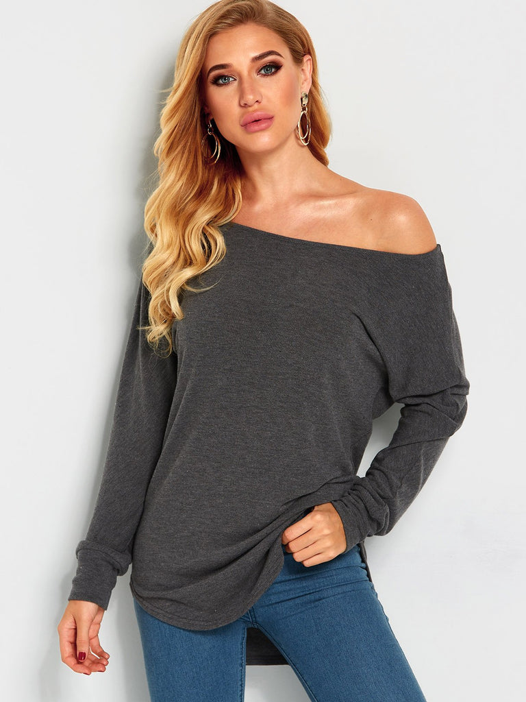 One Shoulder Plain Long Sleeve Curved Hem Top
