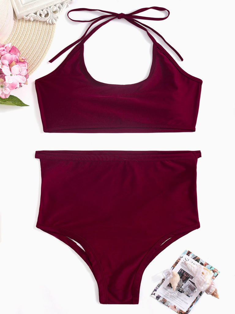 Burgundy Scoop Neck Sleeveless Backless Hollow Cut Out Bodycon Two Piece Bikinis