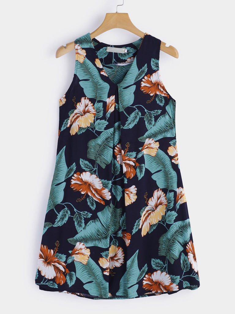 Black V-Neck Sleeveless Floral Print Mini Dress