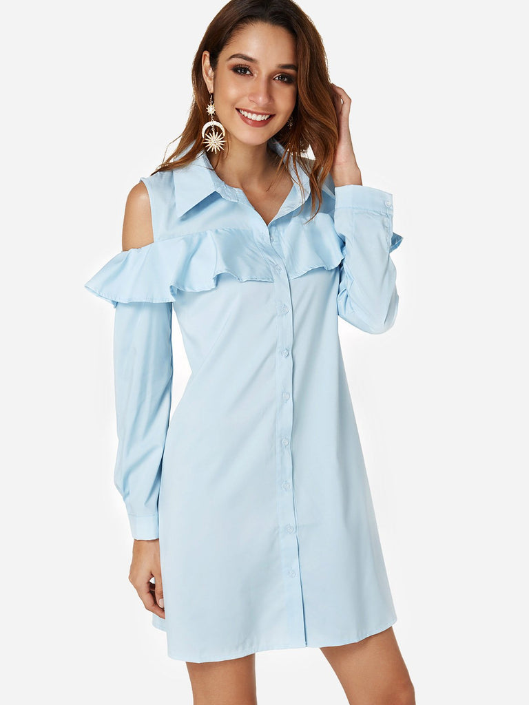 Sky Blue Classic Collar Cold Shoulder Ruffle Trim Shirt Dress