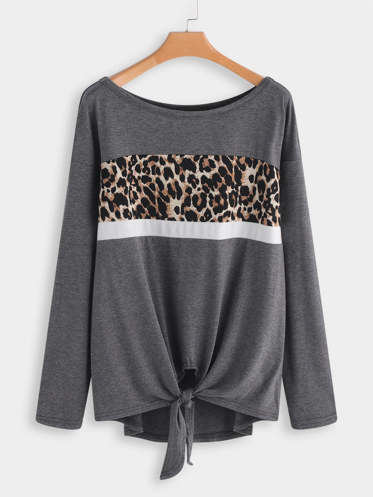Round Neck Leopard Long Sleeve Grey T-Shirt