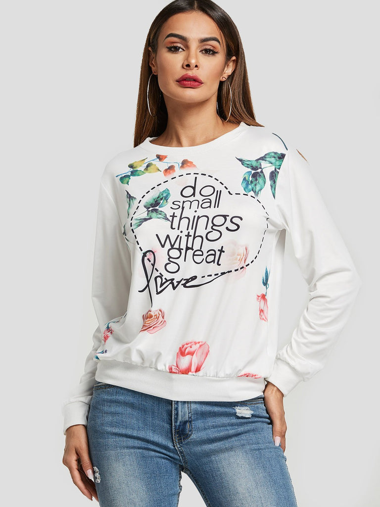 Round Neck Floral Print Long Sleeve White Top