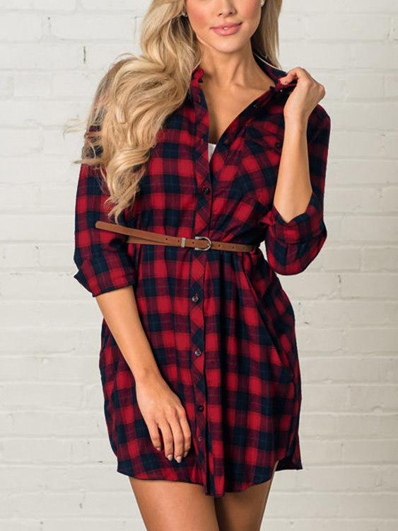 Red Classic Collar Long Sleeve Grid Side Pockets Mini Dress