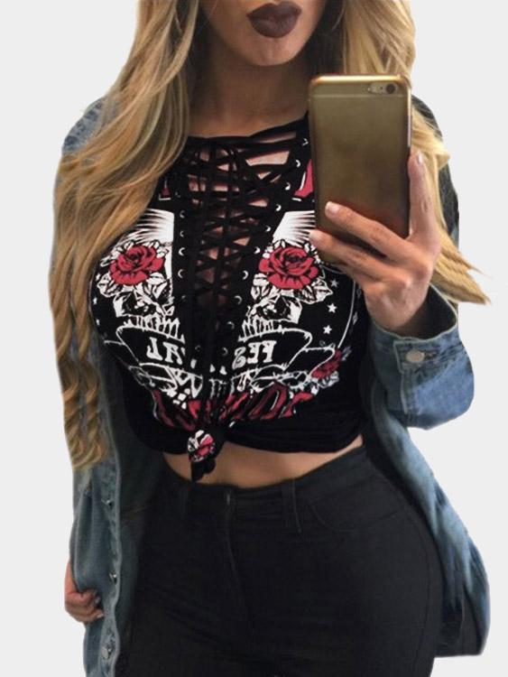 Deep V Neck Floral Print Long Sleeve Bodycon Hem Black Top
