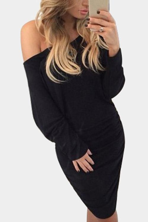 Black One Shoulder Long Sleeve Plain Bodycon Mini Dress