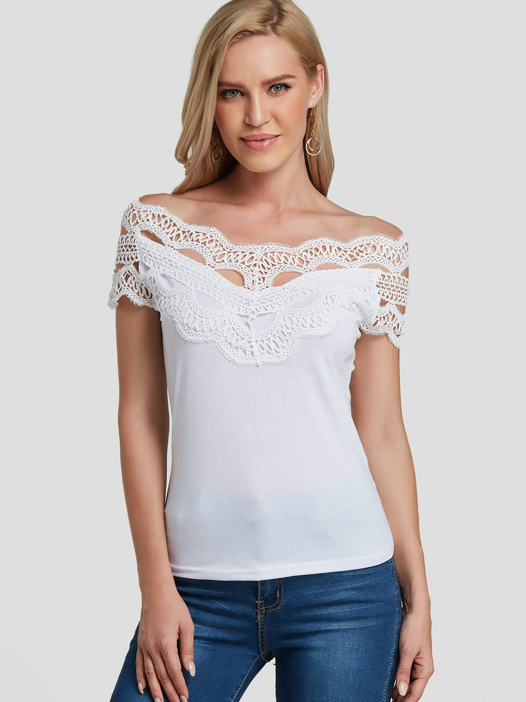 Off The Shoulder Short Sleeve White T-Shirts