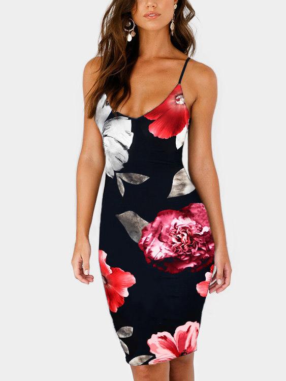 Black Halter V-Neck Sleeveless Floral Print Backless Sexy Dresses