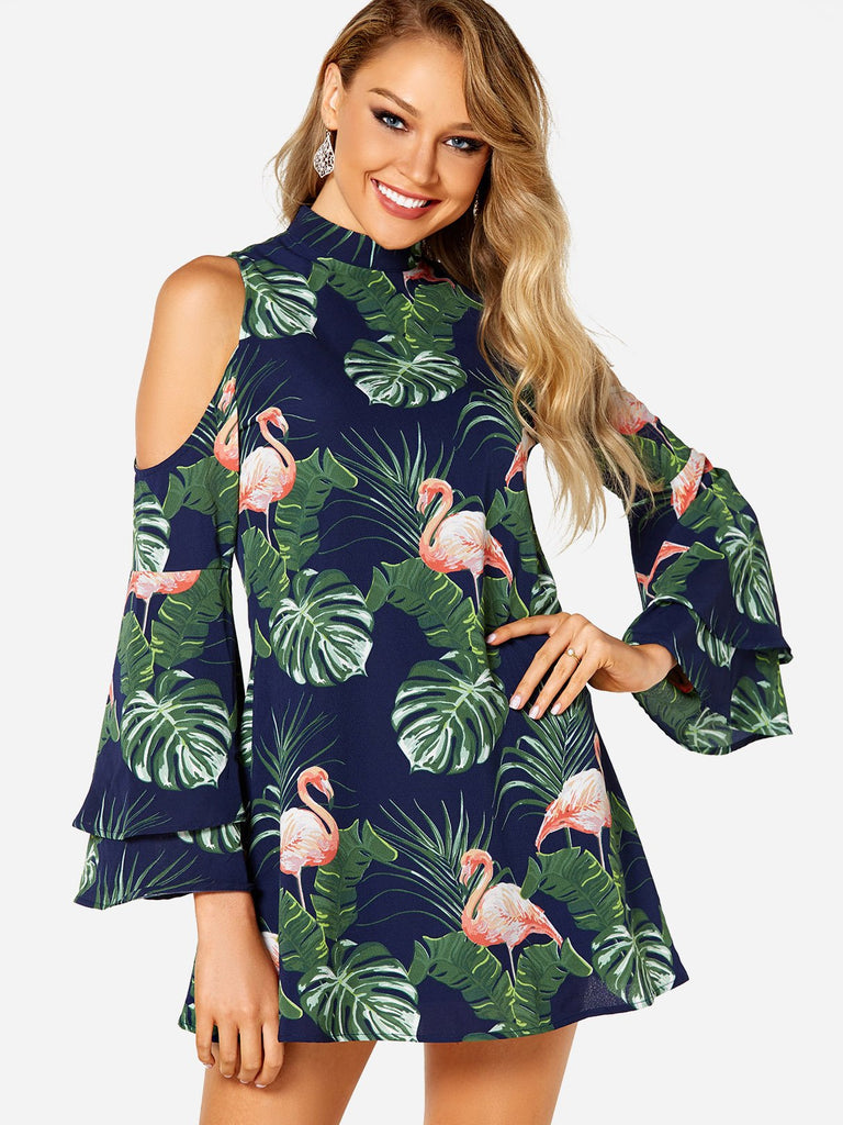 Navy Long Sleeve Floral Print Zip Back Dresses