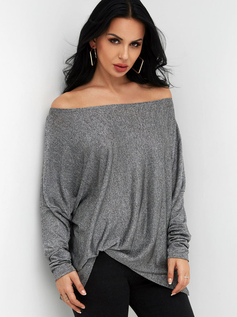 Off The Shoulder Long Sleeve Curved Hem Dark Grey T-Shirts