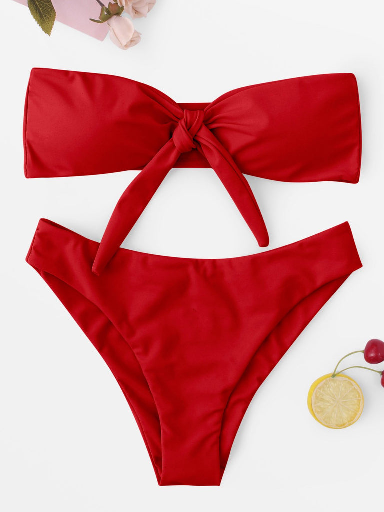 Red Tube Top Sleeveless Plain Lace-Up Bowknot Bikinis