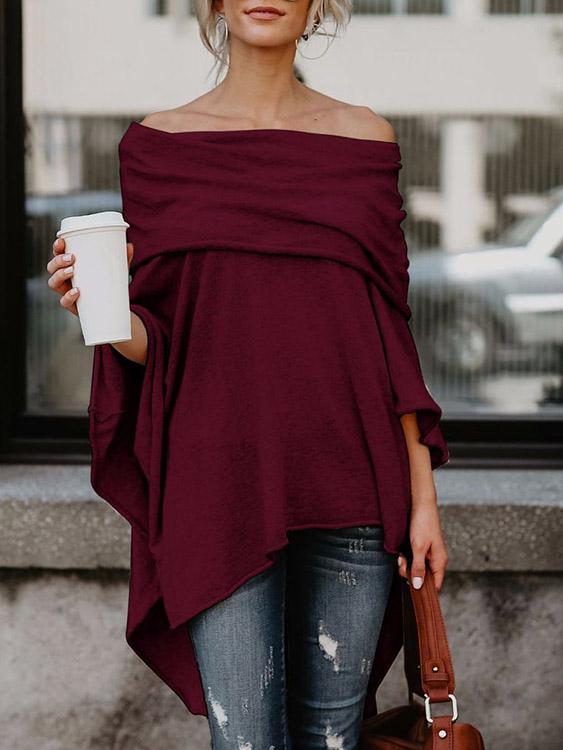 Off The Shoulder Cape 3/4 Sleeve Irregular Hem Burgundy Top