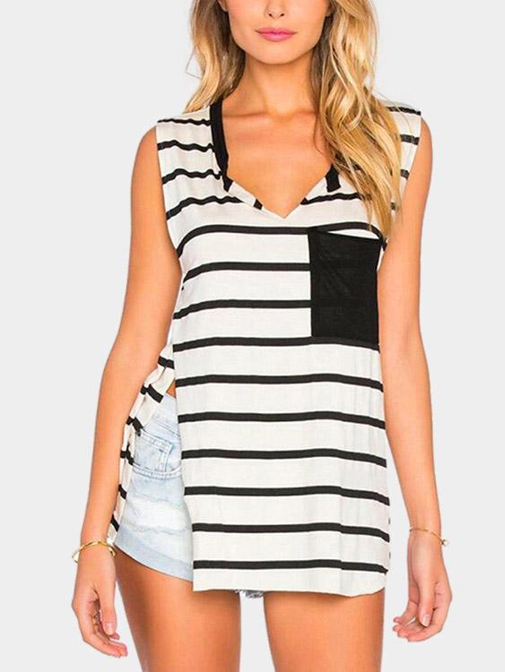 V-Neck Sleeveless Stripe Slit Hem Camis