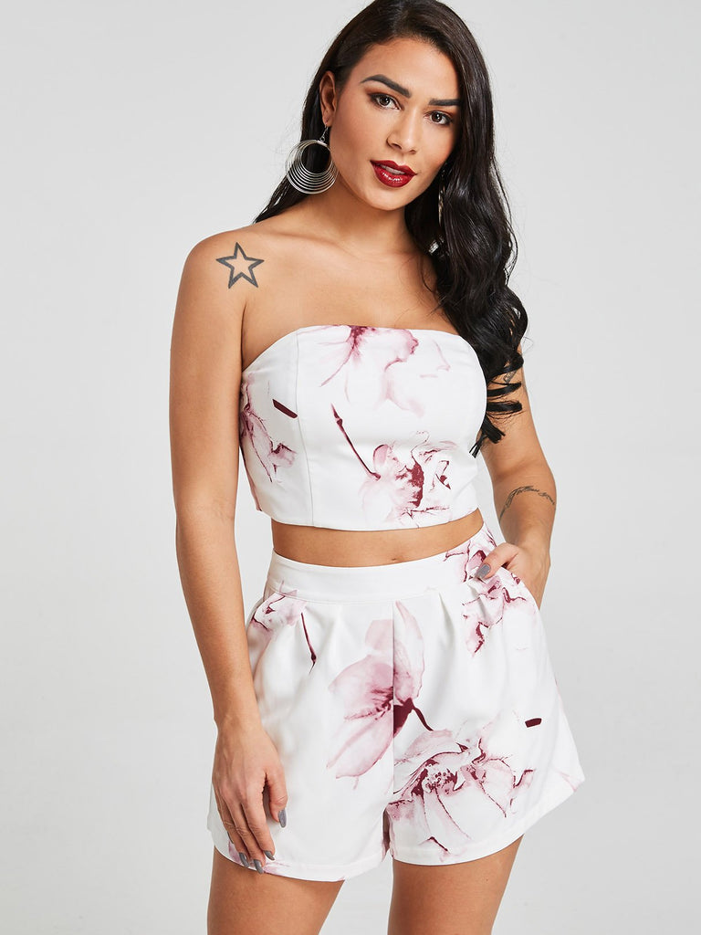 Tube Top Floral Print Sleeveless White Two Piece Outfits