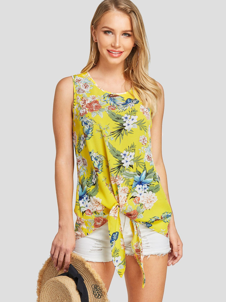 Round Neck Floral Print Self-Tie Sleeveless Yellow Blouses