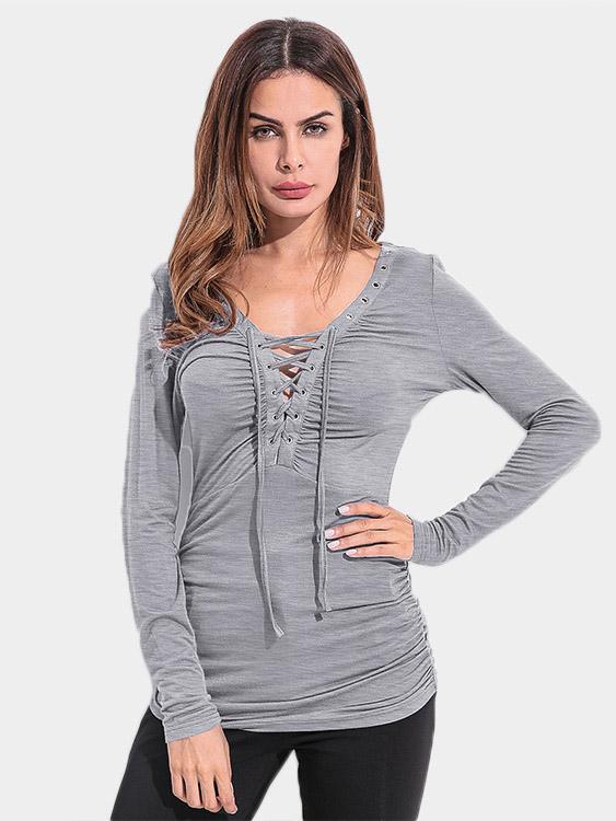 V-Neck Lace-Up Pleated Long Sleeve T-Shirts