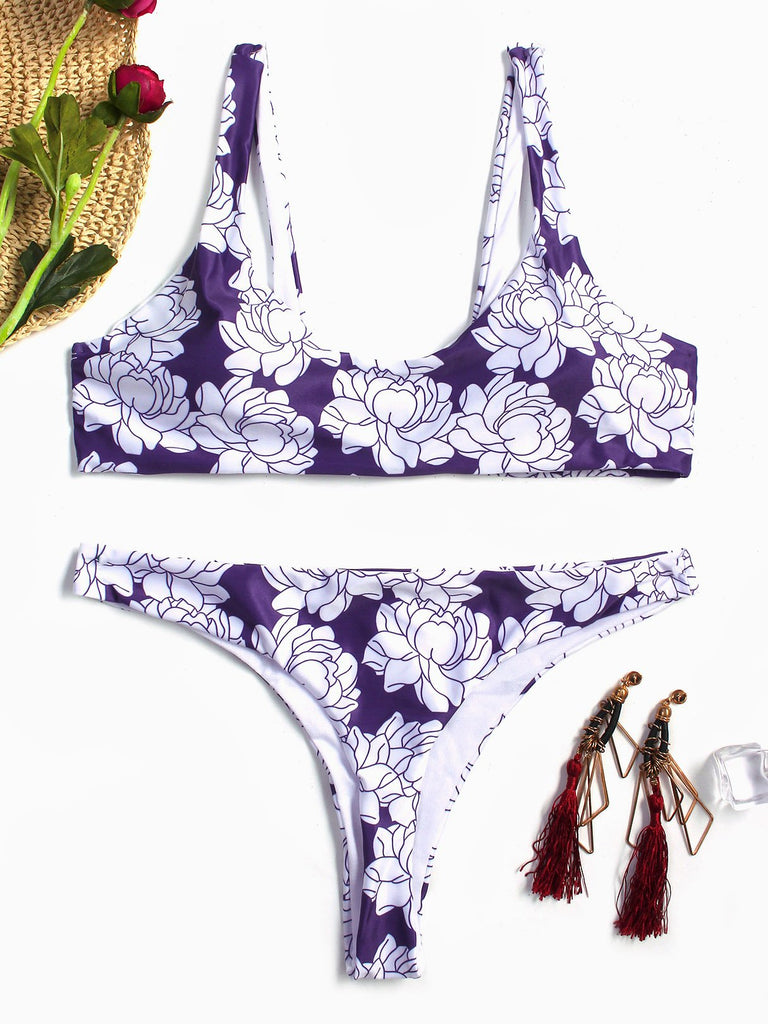 Scoop Neck Sleeveless Floral Print Backless Two Piece Bikinis
