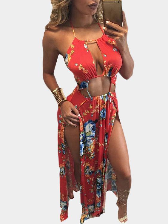 Red Halter Sleeveless Floral Print Backless Hollow Cut Out Maxi Dress