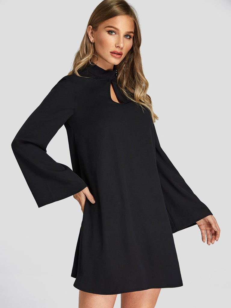 Black Long Sleeve Plain Casual Dresses