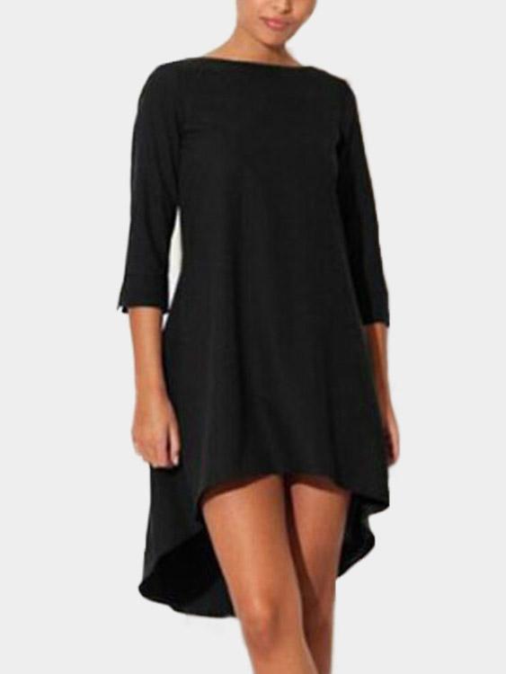 Black Crew Neck 3/4 Length Sleeve Plain Irregular Hem Casual Dress