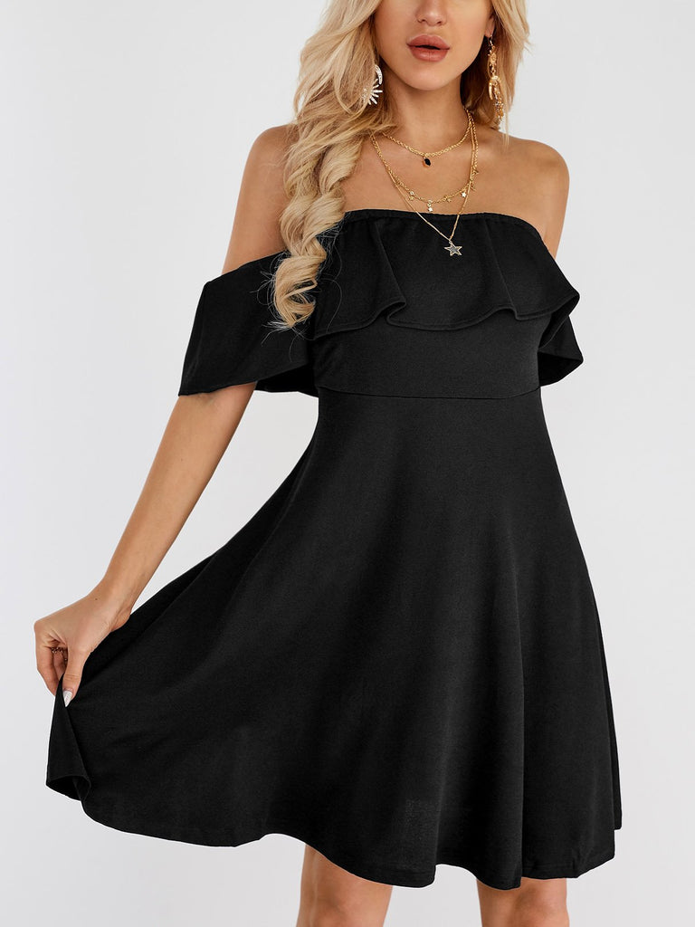Black Off The Shoulder Short Sleeve Plain Fashion Mini Dress