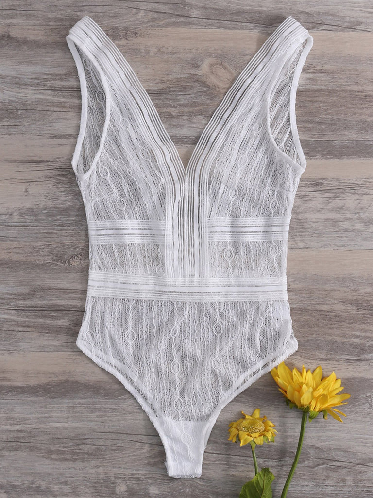 Deep V Neck Lace See Through Sleeveless White Bodysuits