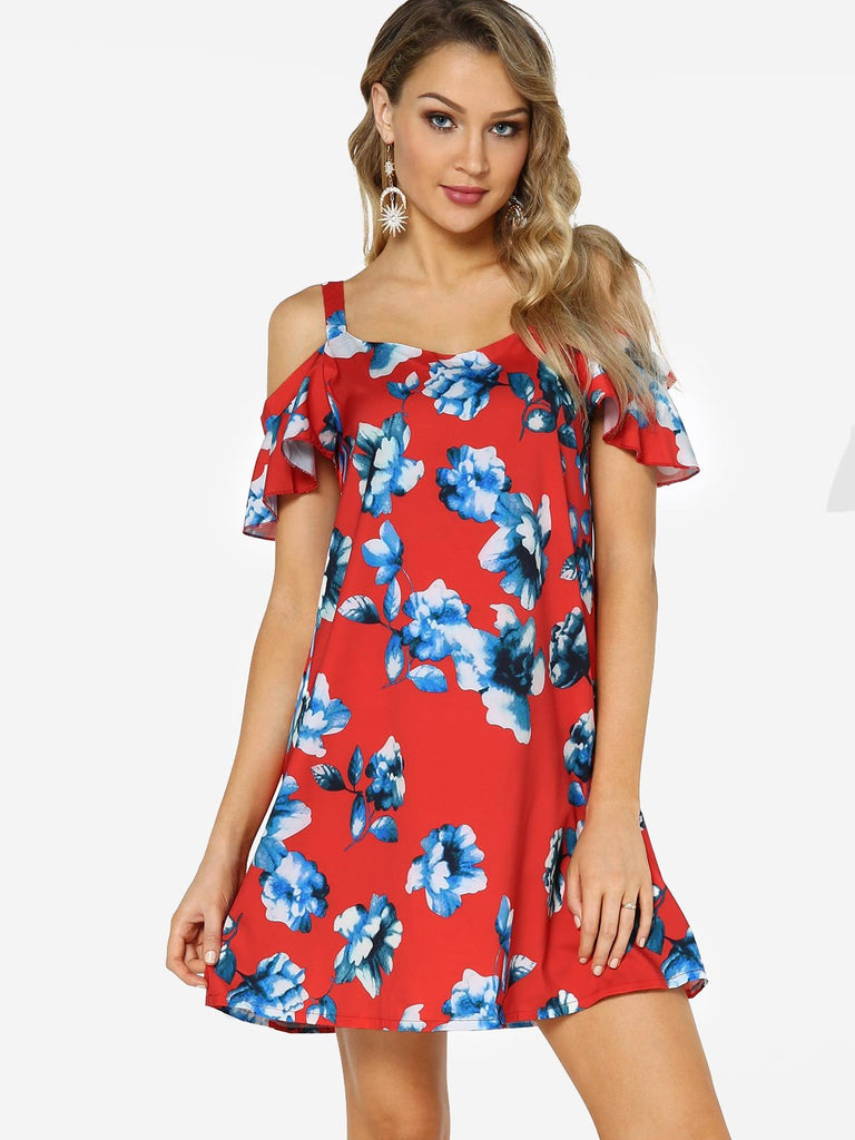 Red V-Neck Cold Shoulder Short Sleeve Floral Print Dresses