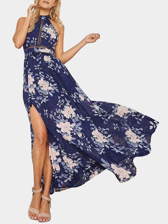 Blue Halter Sleeveless Floral Print Backless Cut Out Slit Hem Maxi Dress