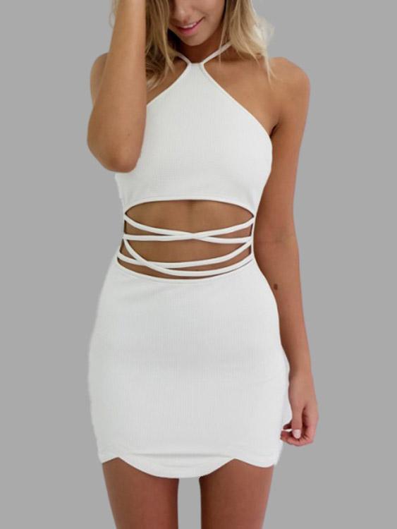 Halter Sleeveless Zip Back Lace-Up Cut Out Mini Dress
