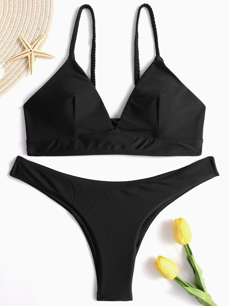 Black V-Neck Sleeveless Plain Lace-Up Two Piece Bikinis