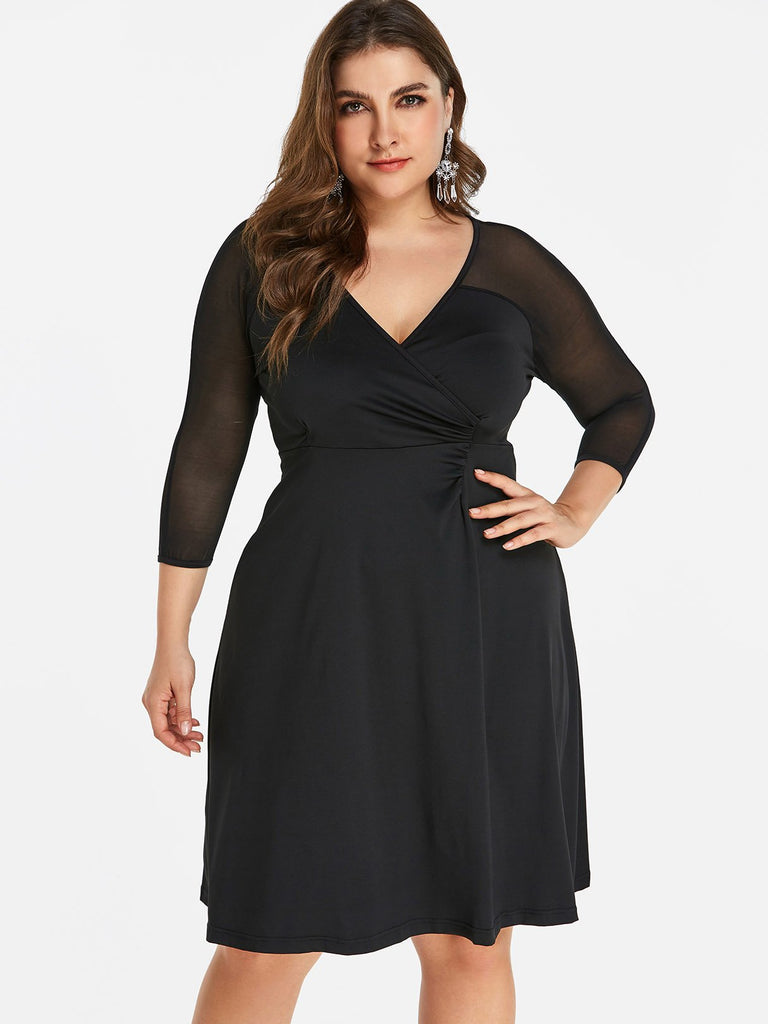 V-Neck Plain Wrap 3/4 Sleeve Black Plus Size Dress