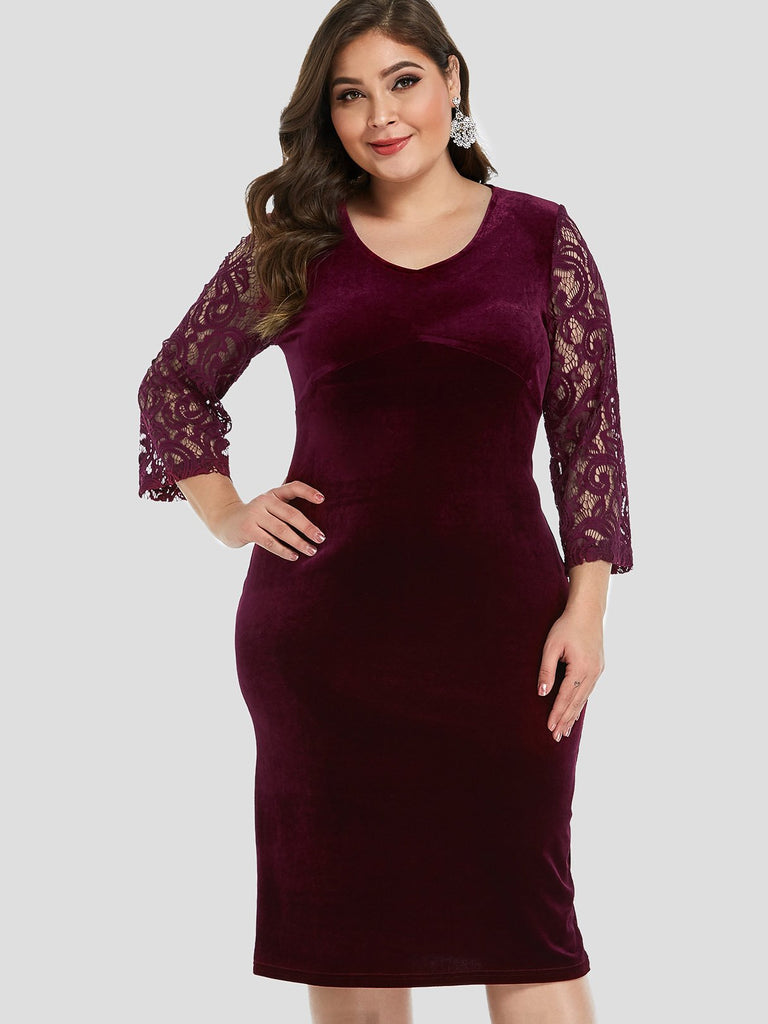V-Neck Plain Lace 3/4 Sleeve Burgundy Plus Size Dress