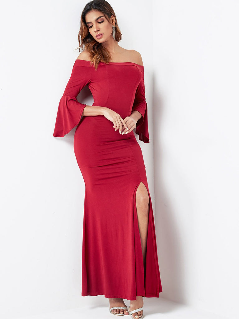 Off The Shoulder Plain 3/4 Length Sleeve Slit Hem Burgundy Dresses