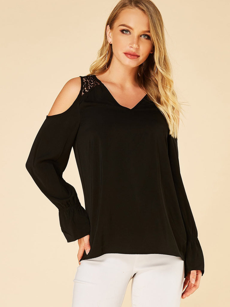 Cold Shoulder Plain Lace Long Sleeve Black Blouses