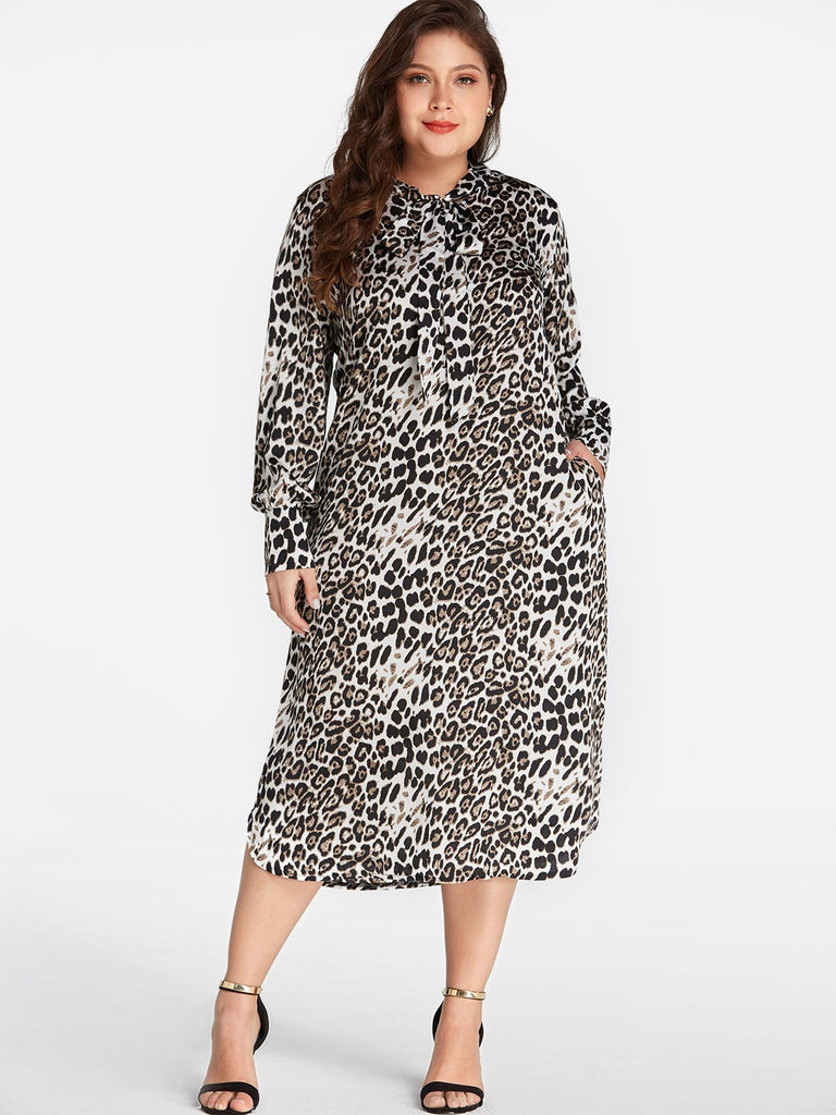 Classic Collar Leopard Long Sleeve Plus Size Dress