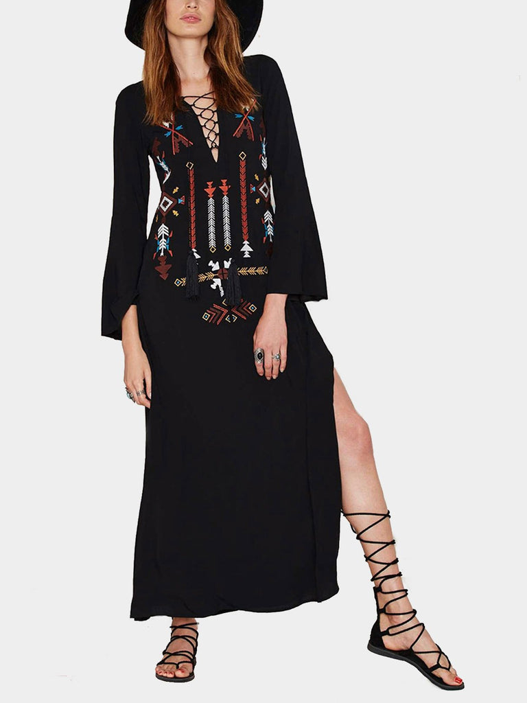 Black Deep V Neck Long Sleeve Embroidered Lace-Up Slit Hem Maxi Dress