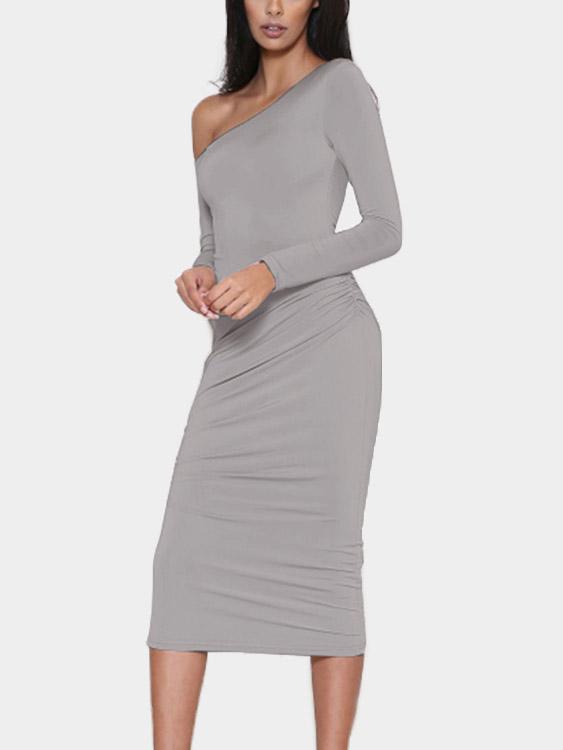 Grey One Shoulder Long Sleeve Pleated Midi Dress