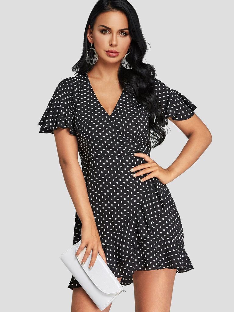 Black V-Neck Short Sleeve Polka Dot Dresses