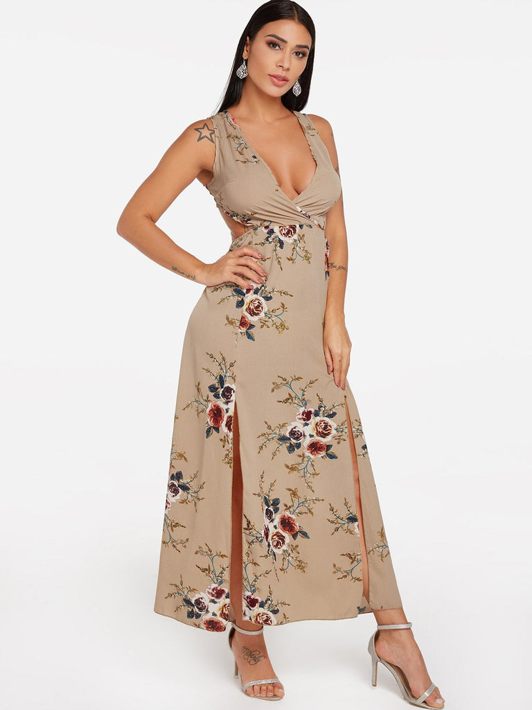 Khaki Sleeveless Floral Print Backless Self-Tie Slit Hem Maxi Dress