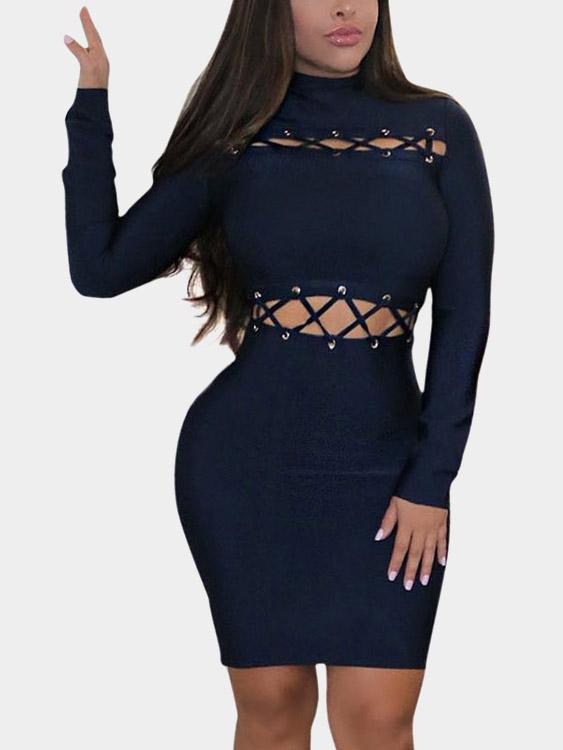 Navy Crew Neck Long Sleeve Hollow Lace-Up Cut Out Bodycon Dresses