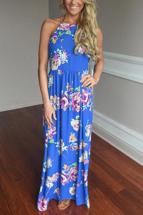 Blue Halter Sleeveless Floral Print Pleated Maxi Dress