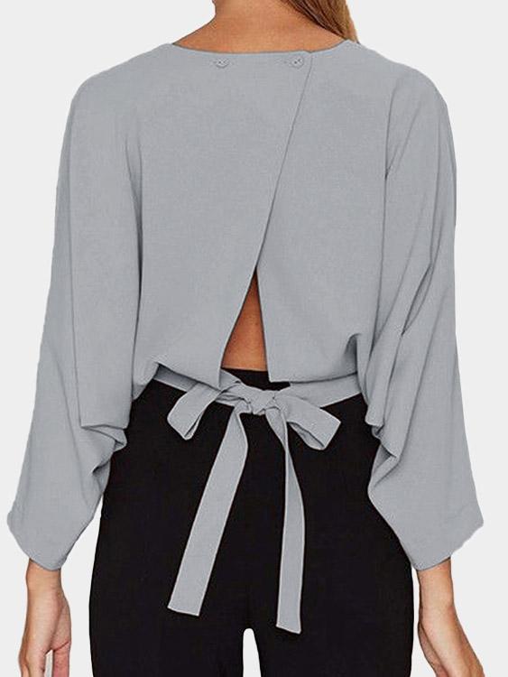 Crew Neck Plain Lace-Up Slit Blouses